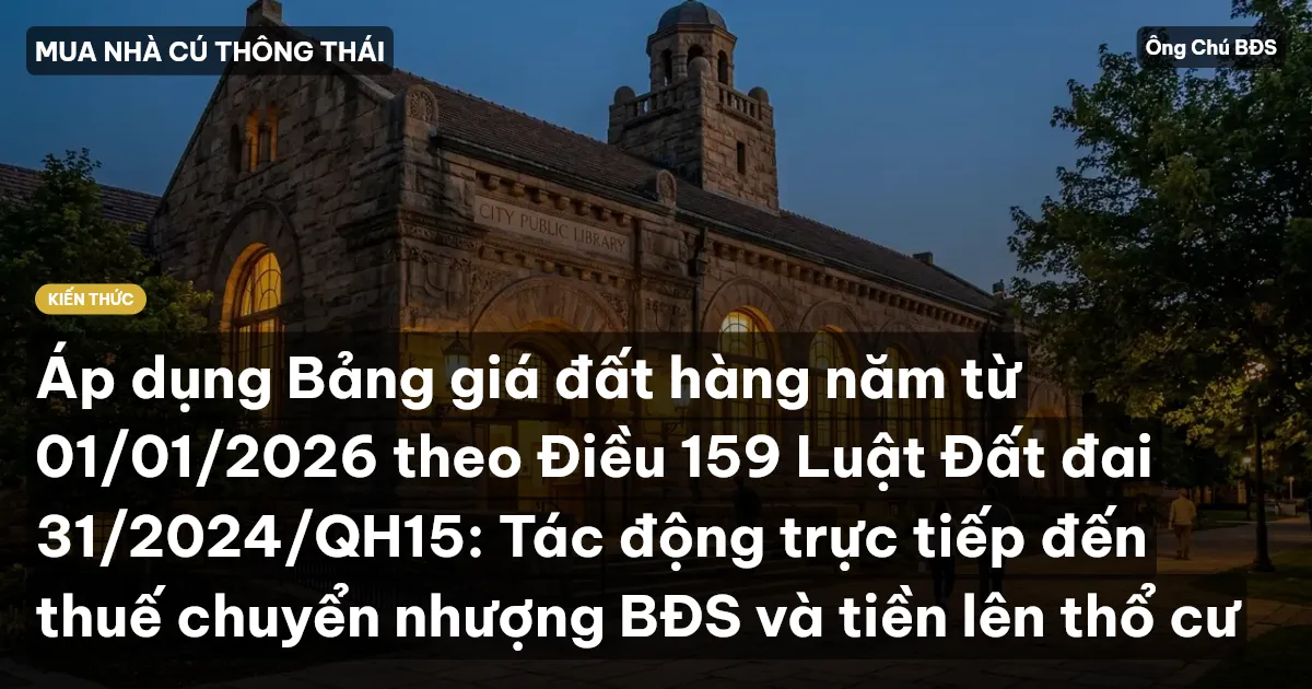 Áp dụng Bảng giá đất hàng năm từ 01/01/2026 theo Điều 159 Luật Đất đai 31/2024/QH15: Tác động trực tiếp đến thuế chuyển nhượng BĐS và tiền lên thổ cư