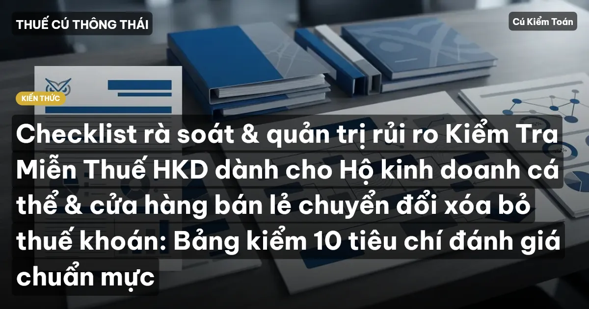 Checklist rà soát & quản trị rủi ro Kiểm Tra Miễn Thuế HKD dành cho Hộ kinh doanh cá thể & cửa hàng bán lẻ chuyển đổi xóa bỏ thuế khoán: Bảng kiểm 10 tiêu chí đánh giá chuẩn mực