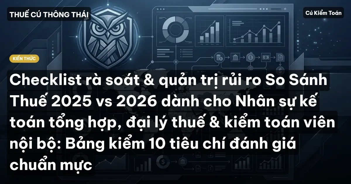 Checklist rà soát & quản trị rủi ro So Sánh Thuế 2025 vs 2026 dành cho Nhân sự kế toán tổng hợp, đại lý thuế & kiểm toán viên nội bộ: Bảng kiểm 10 tiêu chí đánh giá chuẩn mực